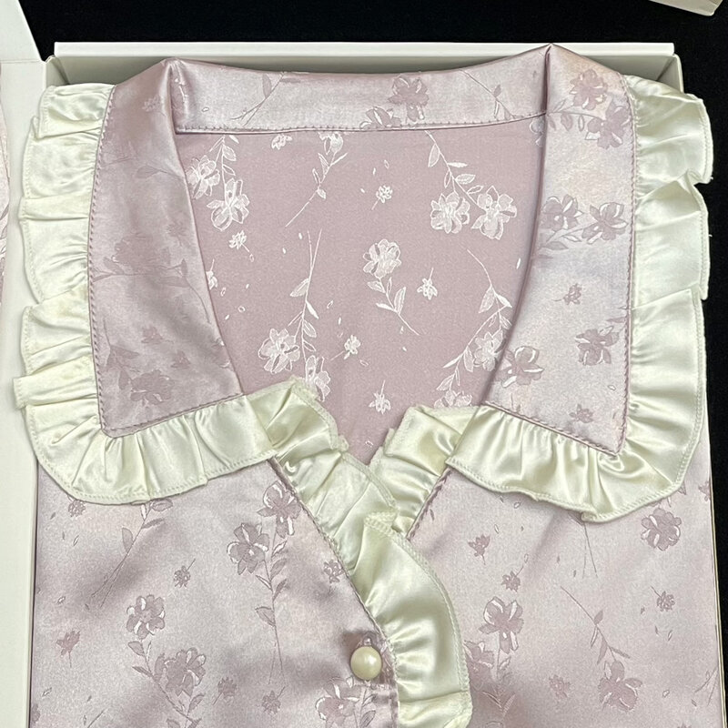 Conjuntos de pijamas com estampa floral de 2 peças para mulheres, seda falsa, pijamas cetim com botões, manga curta, roupa doméstica para o verão