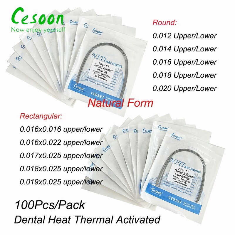 100Pcs/10Pack Dental Orthodontic Heat Thermal Activated Niti Arch Wire Round Rectangular Natural Form  Archwire Dentist Material