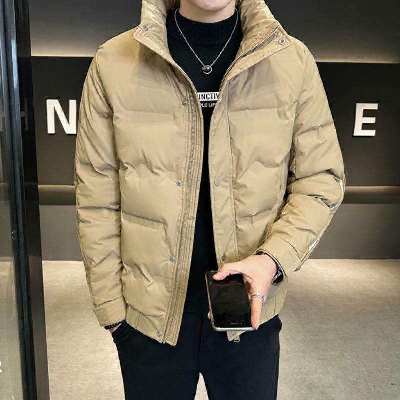 2023 Winter New Men's Solid Color Sandwich Film Pu Slim Fit Duck Down Jackets Standing Collar Coat Trendy Casual Fashion Top