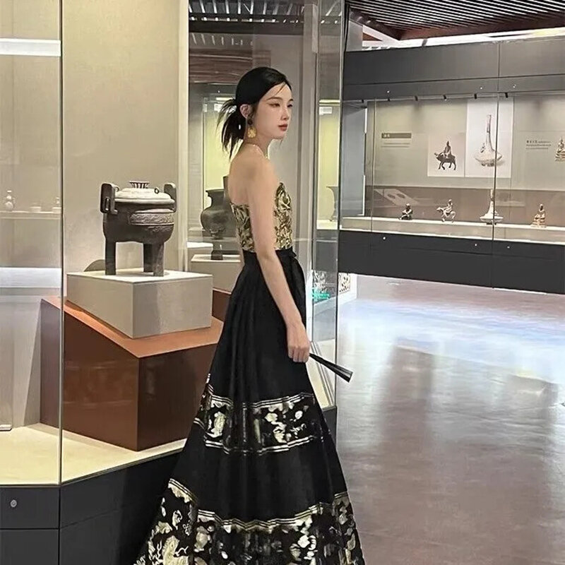 Оригинальная юбка ханьфу, костюм в китайском стиле династии мамианкун, Черная Плетеная Золотая юбка с изображением лошади, китайское платье