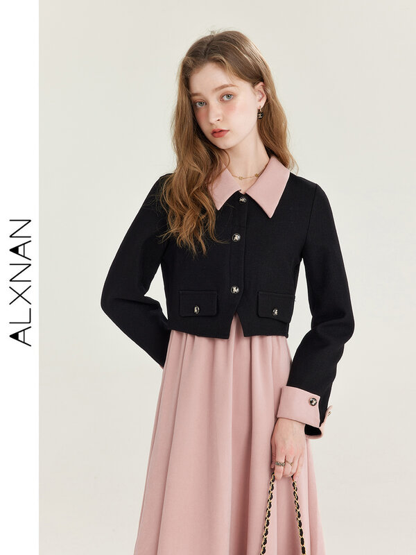 ALXNAN French Style Small Fragrant Dress For Women 2024 Temperament Fake Two-piece A-line Midi Dress Office Lady Outfit T01013