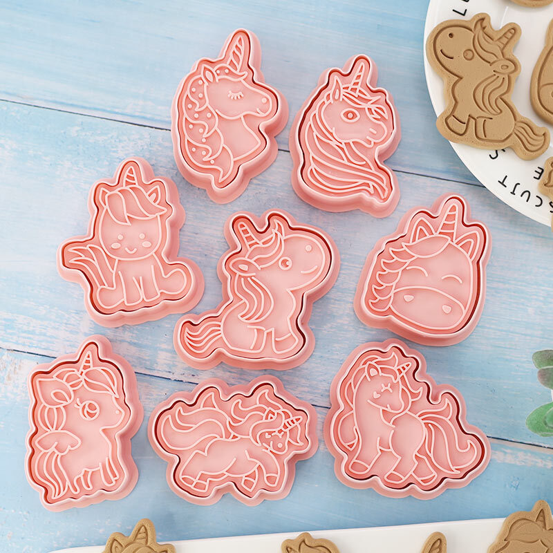 Cortador de galletas con forma de unicornio, 8 unids/set, molde de galletas Pressable de dibujos animados en 3D, sello de galletas, herramienta de pastelería para hornear