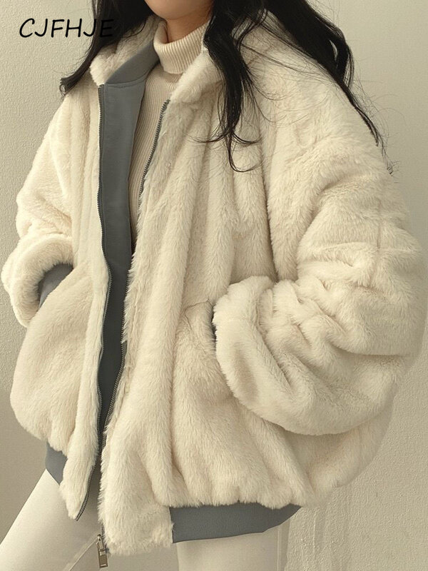 CJFHJE Streetwear Thick Warm Women Cotton Parkas Oversize Korean Fashion Double Sided Winter Coat Solid Harajuku Zipper Jacket