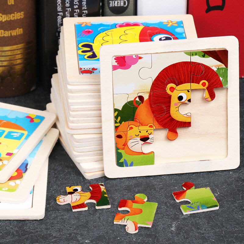 Giocattoli in legno per bambini 11x11cm Puzzle Puzzle 3d cartone animato traffico animale gioco di Puzzle in legno giocattoli educativi Montessori per bambini