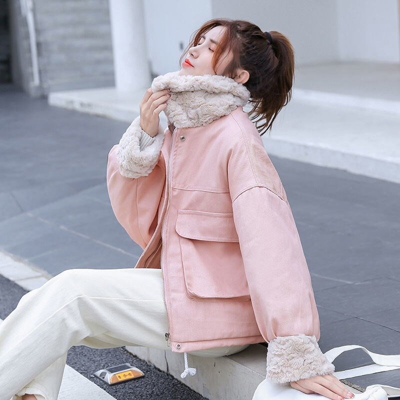 Wintermantel Frauen Shorts Parkas solide plus Samt dickere koreanische Stil Mode All-Match Streetwear Taschen Freizeit Studenten