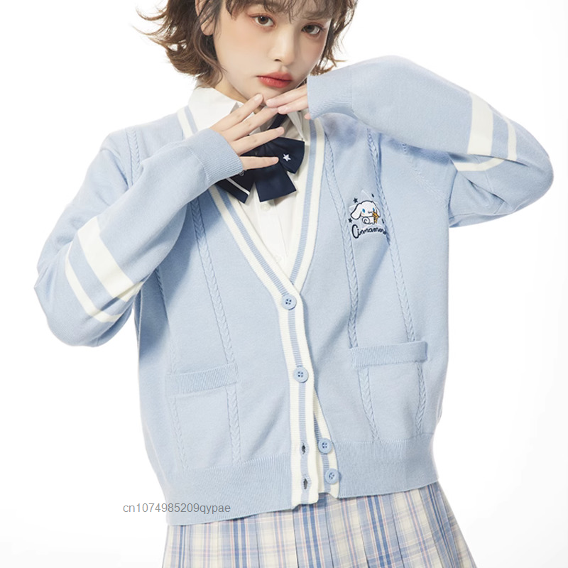 Kawaii Sanrio Hello Kitty haft sweter z dzianiny kobiety Cute Cartoon Cinnamoroll Y2k Girl sweter płaszcz w stylu college'u