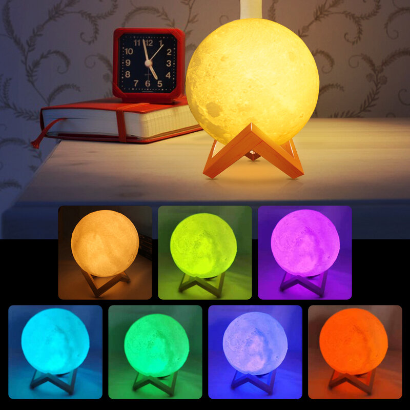 Lampka nocna LED lampa wydruk 3D księżyc 8CM/12CM zasilany z baterii ze stojakiem lampa Starry 7 kolor dekoracja sypialni lampki nocne dla dzieci prezent