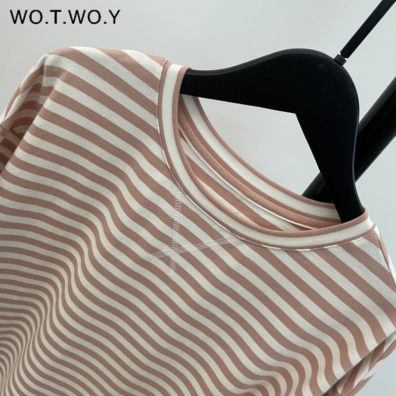 WOTWOY Summer Short Sleeve Striped T-Shirts Women Knitted Basic Casual Tops Female Cozy Loose Cotton Tees 2023 Harajuku Shirt