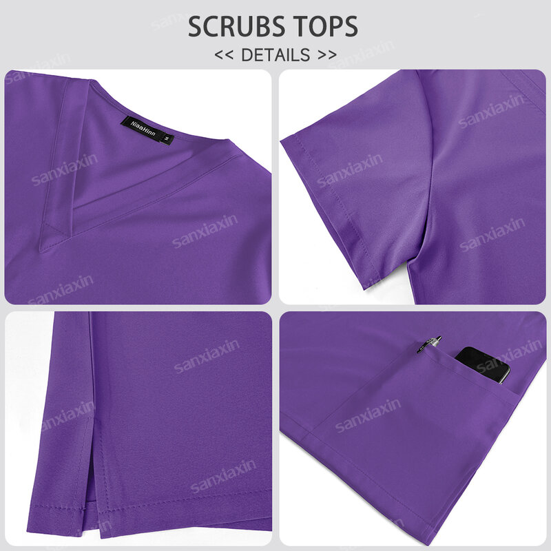 Seragam bedah wanita Set Scrub seragam perawat medis seragam perawatan dokter pakaian kerja Spa kecantikan atasan Scrub klinis + celana lurus