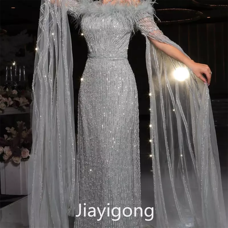 Jiayigong Prachtige Mode Off-The-Shoulder A-Line Avondjurken Celebrity Paillette Bolero Organza Custom Dress