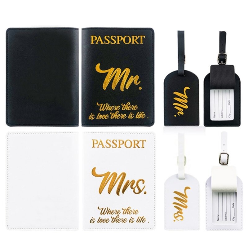 Mr Mrs Tempat Paspor Sampul Bagasi Dompet Tag Kulit PU Tempat Kartu Hadiah Perjalanan Pernikahan Pengantin