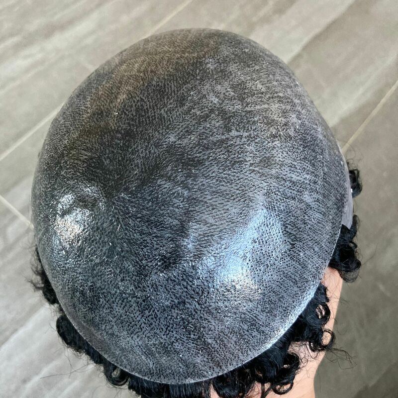 Rambut palsu Pria Hitam 15mm rambut manusia keriting pengganti Super tahan lama bahan dasar injeksi rambut pria tampilan alami kapiler