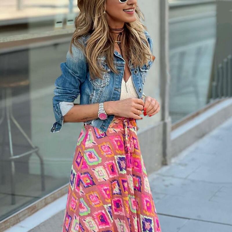 Vacation Style Skirt Bohemian Style Vacation Skirt with Colorful Print Elastic High Waist for Women A-line Big Swing Ankle