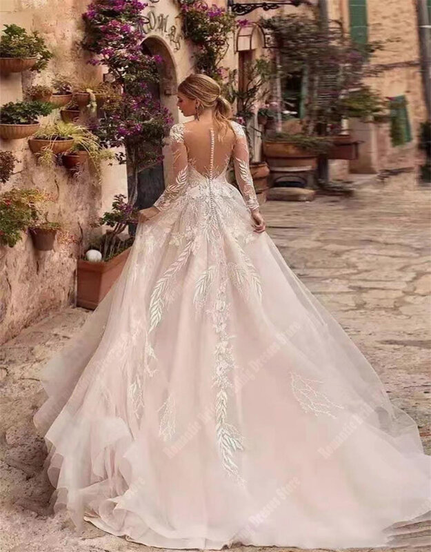 Gaun pernikahan kerah Sweetheart elegan untuk wanita daftar baru gaun panjang mengepel lengan panjang putri Vestidos De Noivas