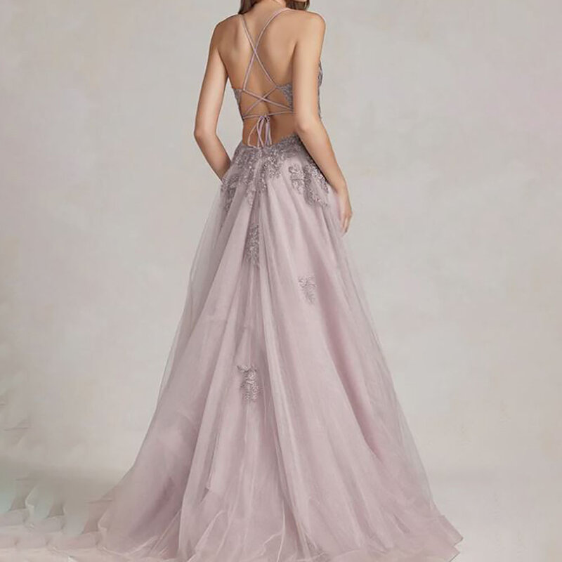 A-Line Lace Spaghetti Straps Prom Dress, saia sem mangas apliques estilo envoltório, fenda lateral, comprimento total, trem Tribunal