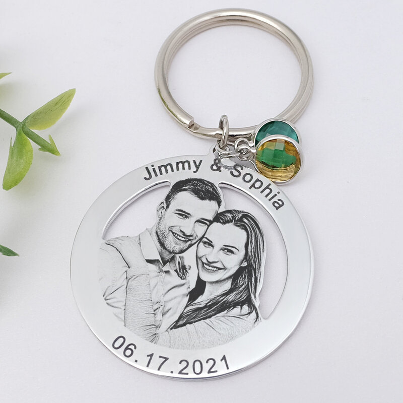 Custom Photo Keychain Personalised Picture Key Ring with Birthstone Couples Key Chain Gift For Her Him Anniversary Gift