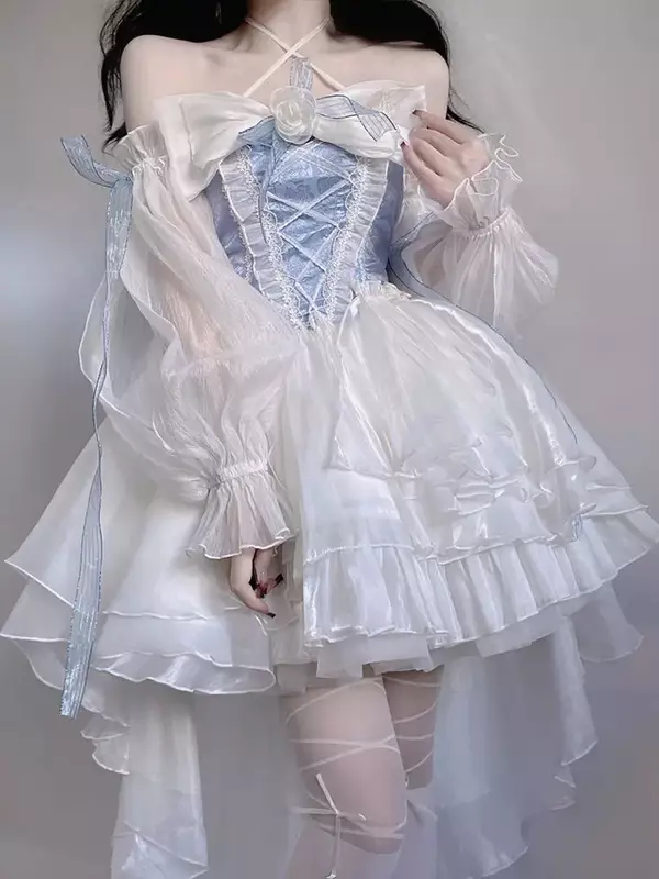 Vestidos estilo japonês Lolita Princess para meninas, manga folhada, fita, laço, túnica floral, malha, cosplay fantástico, vestido de fada