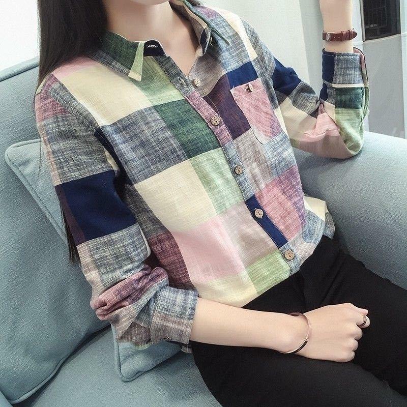 Escritório senhora xadrez botão de impressão turn-down colarinho manga longa blusas retas moda primavera outono nova camisa roupas femininas