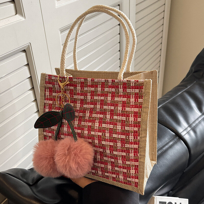 Bolso de mano de yute con patrón trenzado para mujer, bolsa de almuerzo pequeña, bolsa de almacenamiento de alimentos, bolsa de mano funcional portátil, Picnic de viaje