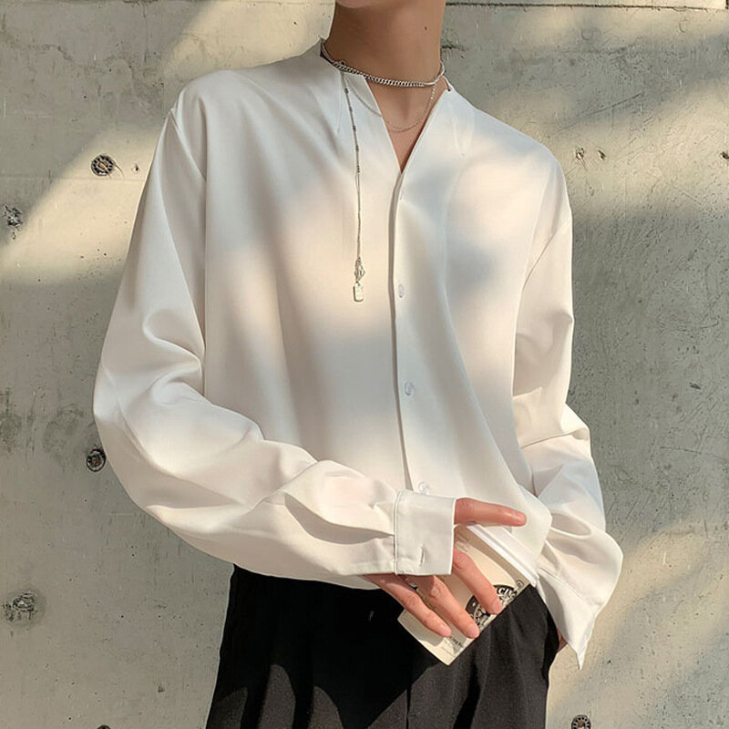 Camisas sin cuello de alta gama para hombres, camisa de seda de hielo drapeada de moda, manga larga, botón informal de Color sólido, camisa coreana