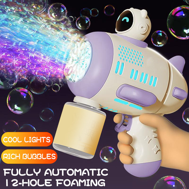 Pistola de burbujas de jabón automática eléctrica para niños, 12 agujeros, máquina de burbujas de astronauta, juguete al aire libre, regalo del Día de los niños