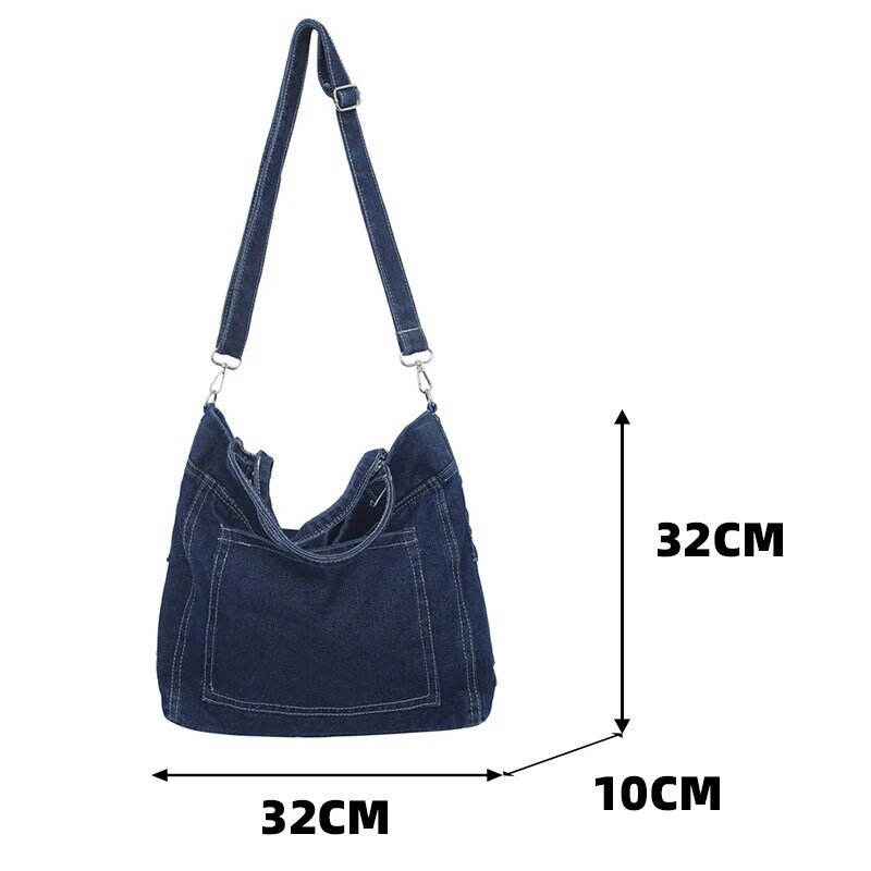 Ciemnoniebieska damska dżinsowa torba Crossbody oryginalna markowa jednokolorowa szeroka torba kurierska z paskiem na ramię designerska damska torby na zakupy