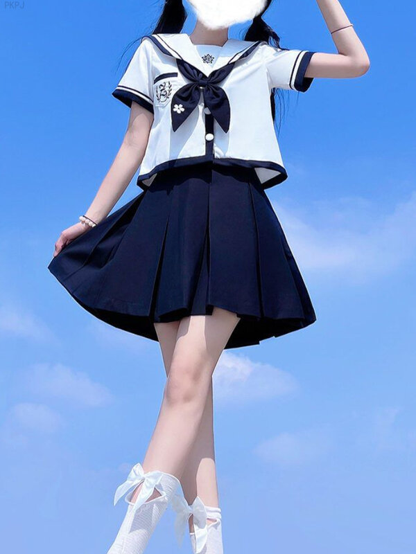 Blusa de manga folhada e minissaias femininas, terno coreano de saia de faculdade, conjunto japonês de Lolita Kawaii, branco feminino, festa, 2024