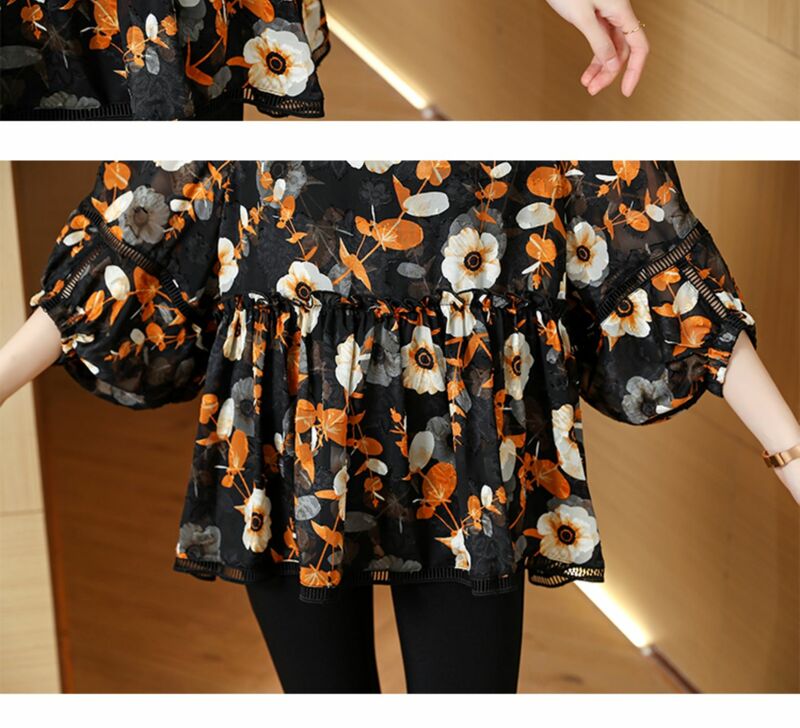 2023 Spring/Summer Silk Printed Bubble Sleeves Chiffon Shirt Women's Cover Up and Show Thin O-Neck Loose Large Vintage T-shirt
