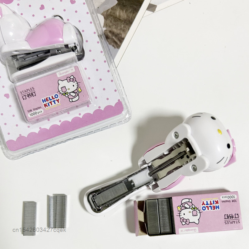 Sanrio Hello Kitty Mini Grampeador para Estudante, Criativo Portátil Pequeno Pasta de Papel, Material Escolar Escritório Y2k, Grampeadores Kawaii, Rosa
