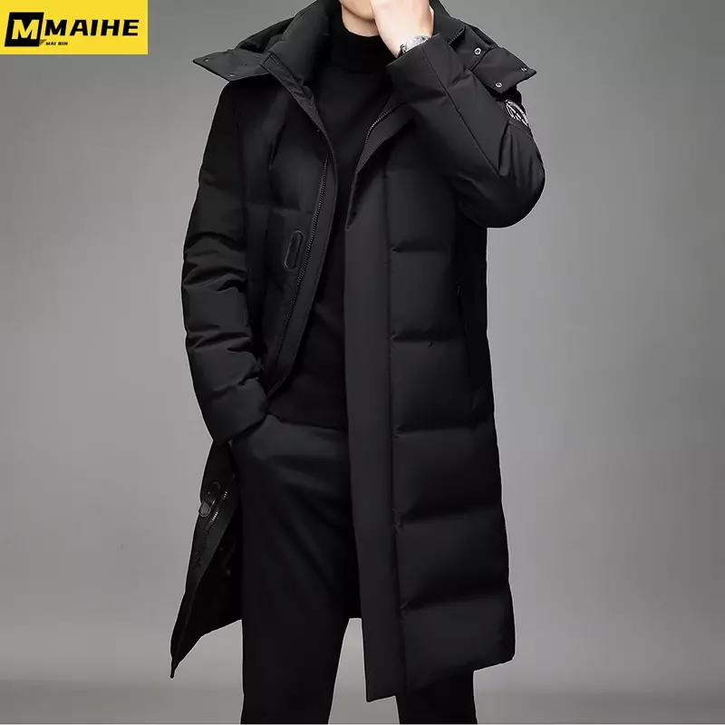 Новинка 2023, Зимняя мужская длинная однотонная пуховая куртка, уличная ветрозащитная Теплая Лыжная куртка, Стильная мужская куртка с капюшоном, Размер 5XL