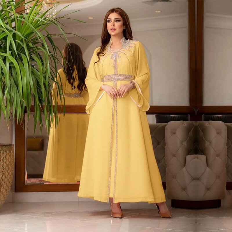 Arabische Robe Mode Nahost muslimischen Kaftan Dubai Hot Fix Diamant Party Abendkleider für Frauen gekerbt Stehkragen