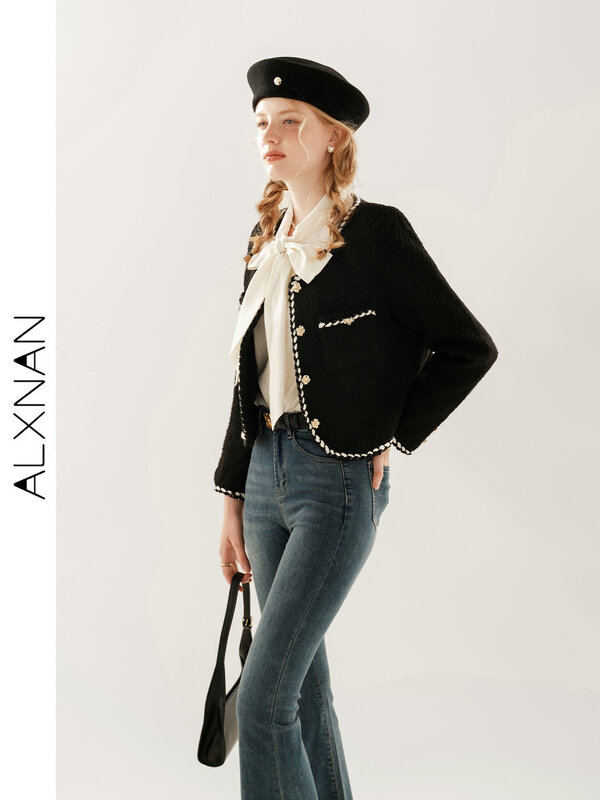 ALXNAN Casual Black Cropped Tweed Jacket for Women 2024 Elegant Straight Long Sleeve Autumn Winter O-neck Short Coats TM00315
