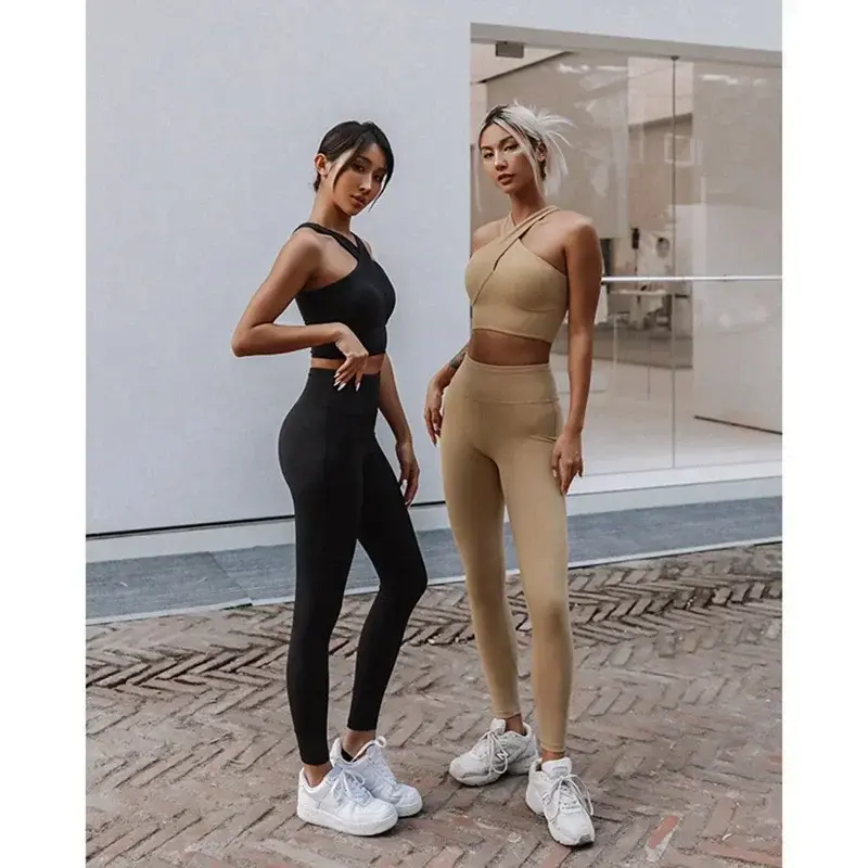 AL Bra olahraga Tank Top wanita, celana Yoga Set Fitness tali silang belakang seksi dada samping tahan guncangan Push Up