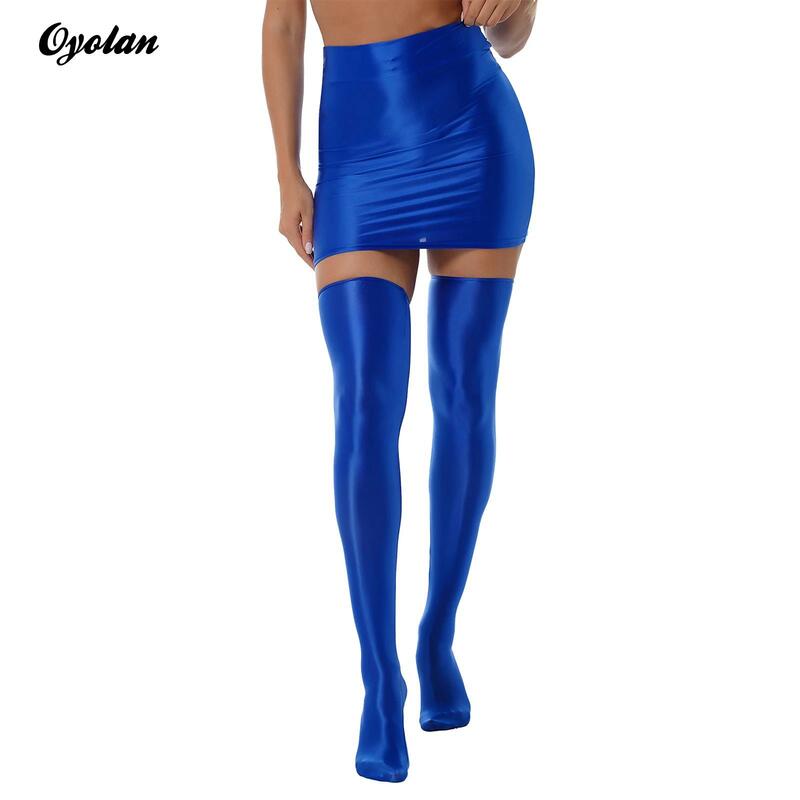 Women's Oil Glossy Sexy Mini Skirt With1 Pair Stockings Solid Color Skirts Clubwear Rave Party Pole Dance Outfit Lingerie Suit