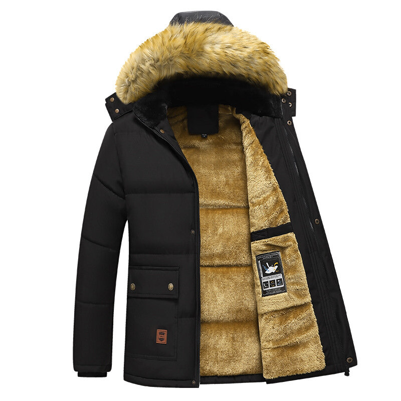 Men's Winter Fur Collar Thick Warm Parkas Windproof Fleece Lined Removable Hooded Jacket Male Cotton Outwear Coats Casual Jacket
