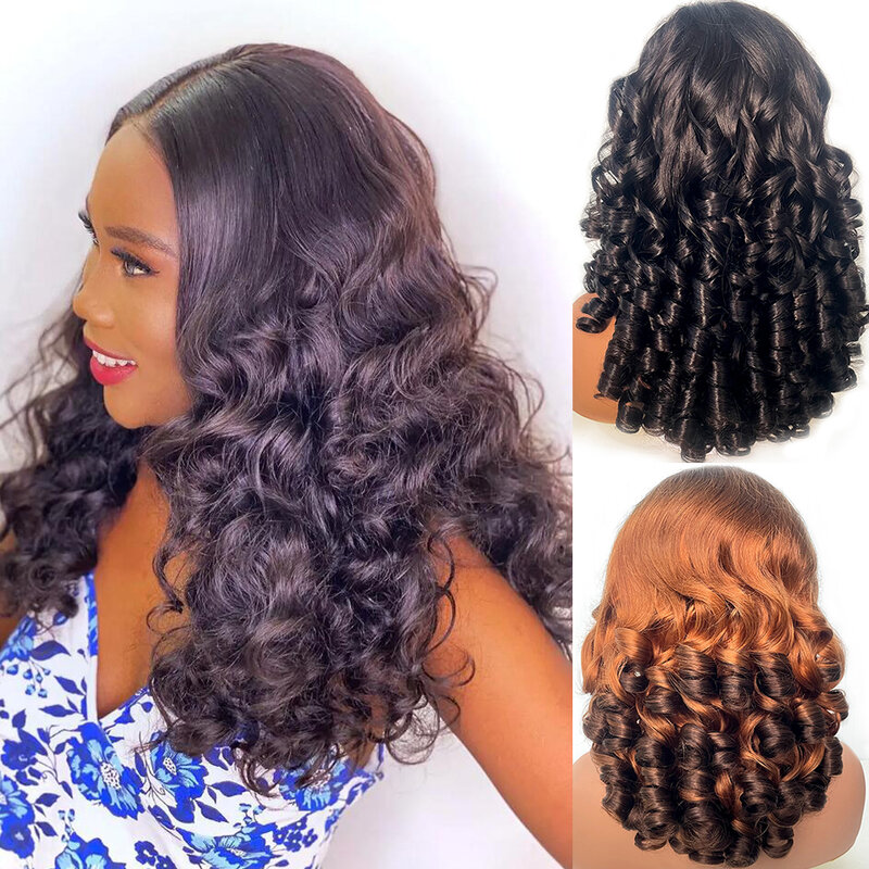 100% Human Hair Double Drawn Vietnamese Bouncy Curly Hair Wigs Glueless 250 Density 13X4 HD Ombre Loose Wave Lace Frontal Wigs