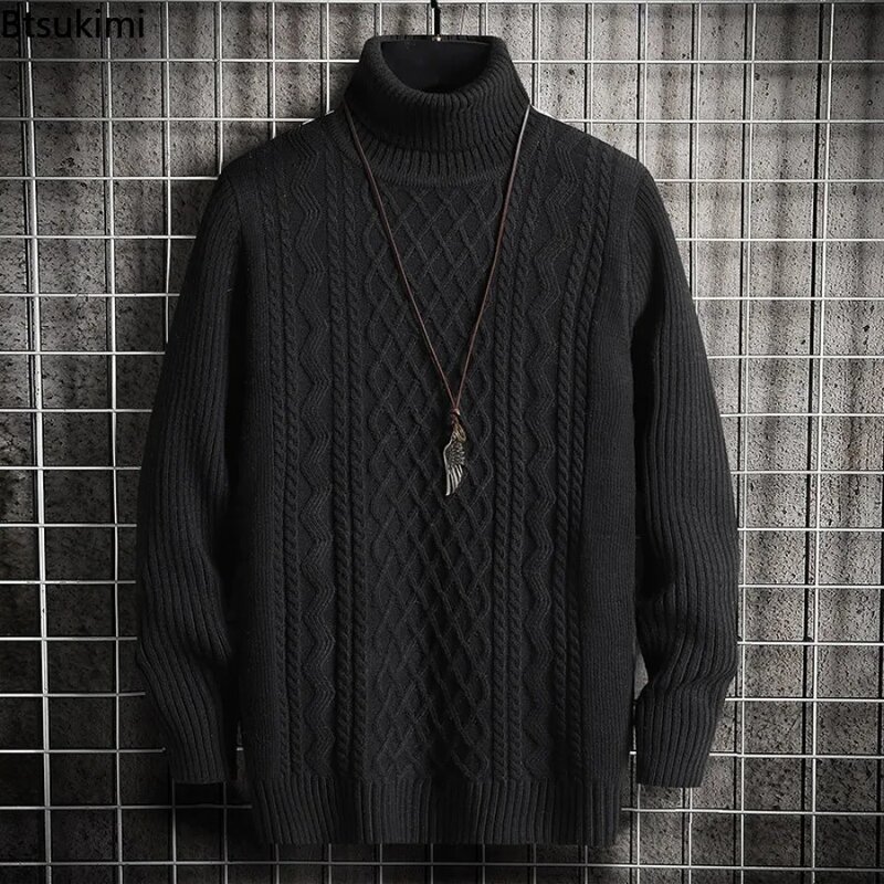 Мужская зимняя теплая водолазка 2024, вязаный толстый пуловер, Повседневные свитера, вязаные однотонные свитера с высоким воротником для мужчин