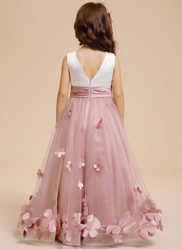 Бальное платье/платье принцессы длиной до пола Атлас/Тюлевое Цветочное платье для девочек/свадебные вечерние платья/платья для девочек с цветами/Изготовление на заказ