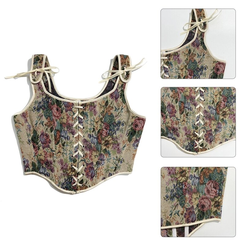 Floral Bustier Crop Top Waist Cincher Corset With Straps Lace Up for Tank Tops