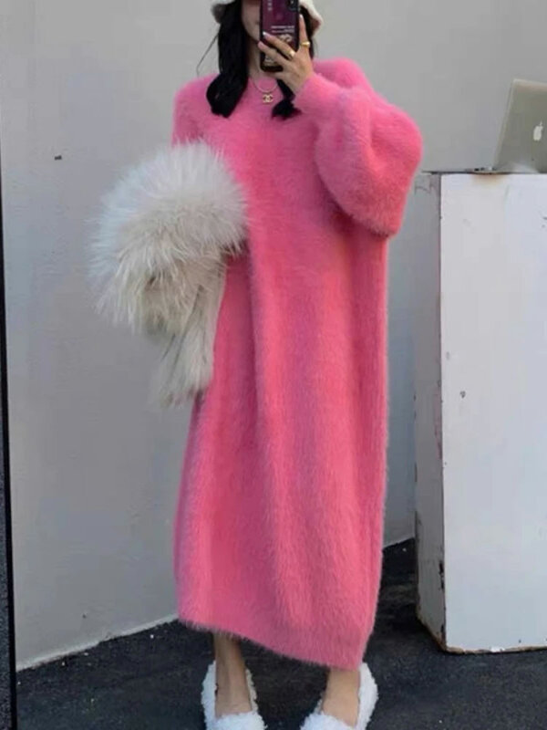 Vestido de camisola de comprimento médio feminino, edição coreana, viajante de malha preguiçosa, solto com o pescoço, vestido mimético de vison, outono e inverno