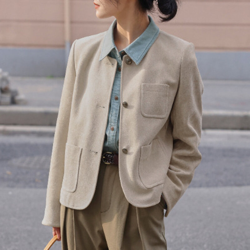Chaqueta de cuero de ante para mujer, abrigo informal con borde de alta moda, cuello redondo de gamuza de Cachemira, chaqueta de botonadura única, Invierno