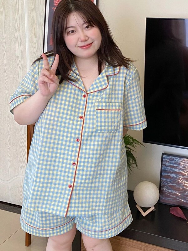 Женская летняя Хлопковая пижама в клетку, 100 кг