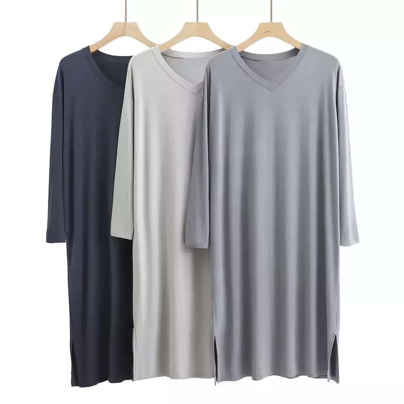 And Length Neck Sleepwear Long Comfortable Sleeve Soft Knee Modal Clothes Nightwear Nightgown Round Men's Dresses Mid-long