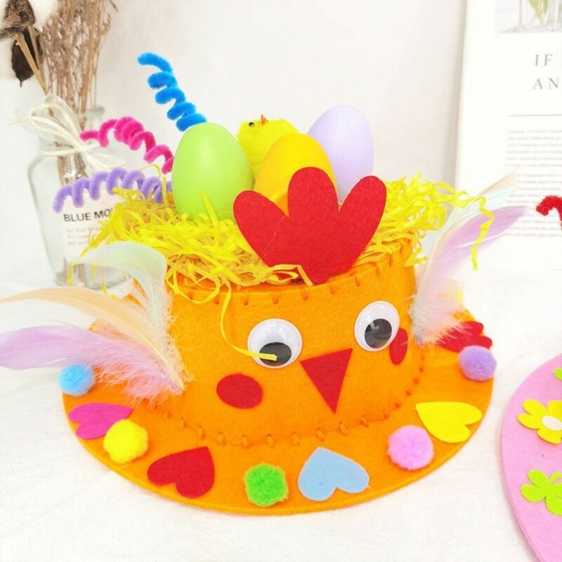 Sombrero de Pascua hecho a mano para niños, sombrero de Pascua pintado, cáscara de huevo, tela no tejida, bricolaje, juguete decorado, pollito