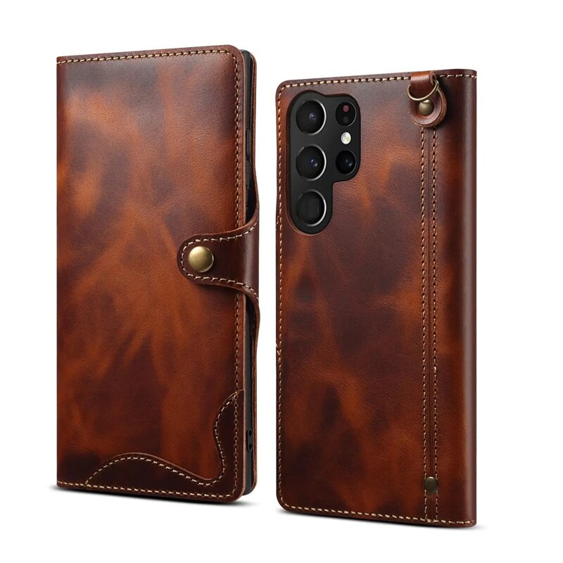 100% Real Cowhide Leather Case For Samsung Galaxy S24 Ultra S23 FE S22 S21 S20 Plus Note 9 10 20 Vintage Card Bag Wallet Cover