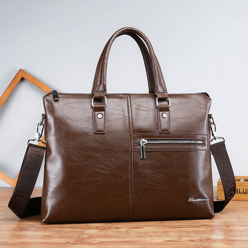Luxury PU Leather Men Zipper Briefcase Vintage Handbag Business Shoulder Messenger Bag Large Capacity Male Laptop
