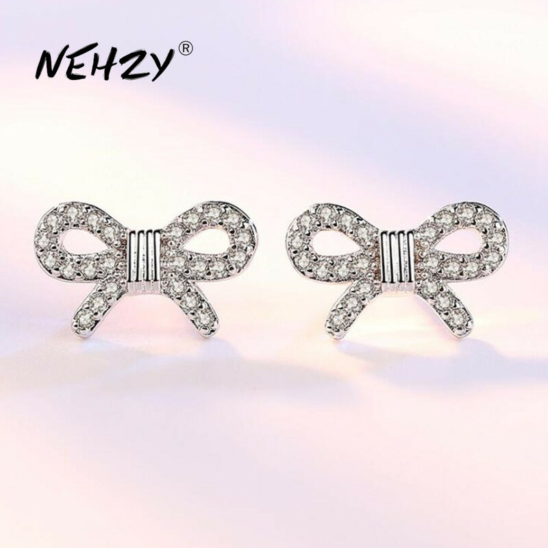 NEHZY-pendientes de tuerca chapados en plata para mujer, joyería de moda de alta calidad, Retro, con lazo hueco de circón, Tremella