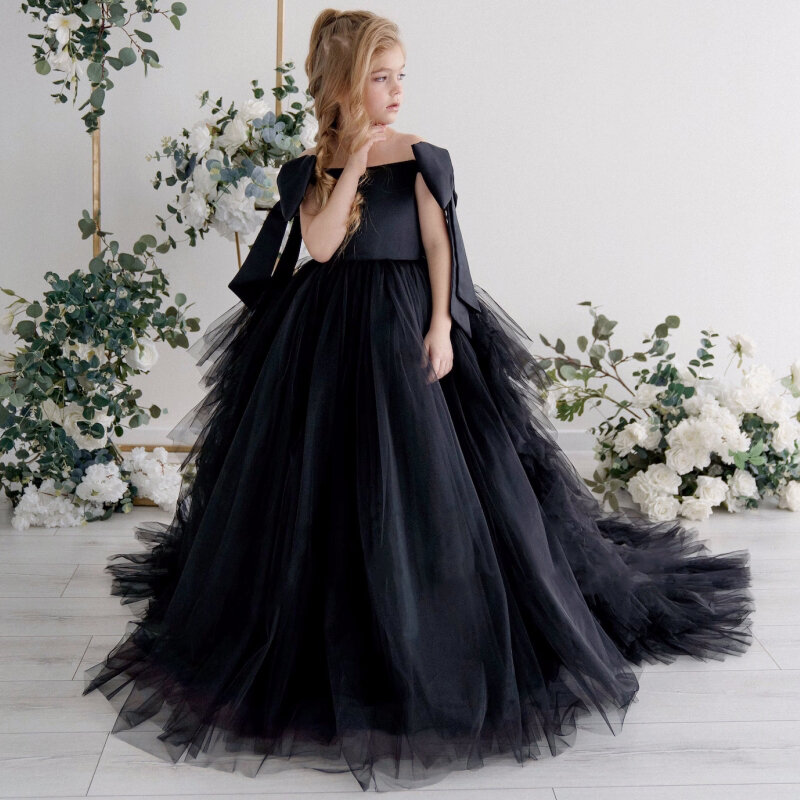 Vestido negro elegante de flores para niña, tul con lazo, sin mangas, hasta el suelo, fiesta de cumpleaños para niños, vestidos de baile de princesa
