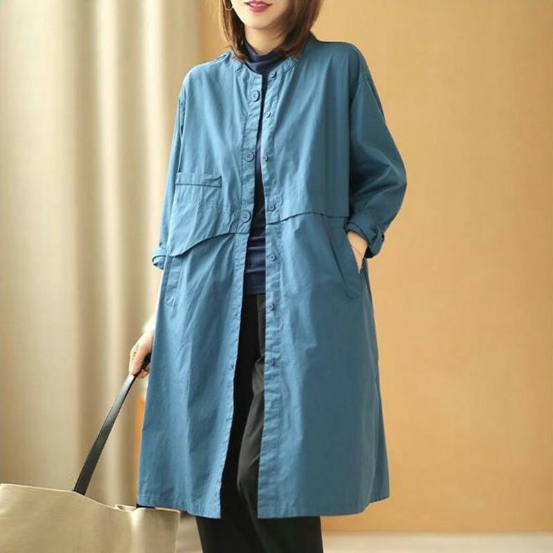 Open Placket kurtka jednolity kolor trencz stylowy Plus Size prochowce dla kobiet luźny krój jednolite kolory kieszenie na jesień
