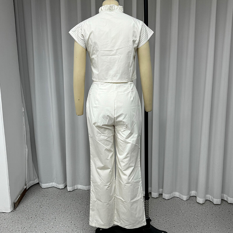 Waytobele-2-Piece Set para mulheres, gola redonda, manga curta, babados botão top, calças soltas, pernas largas, conjuntos casuais de verão, bolso falso